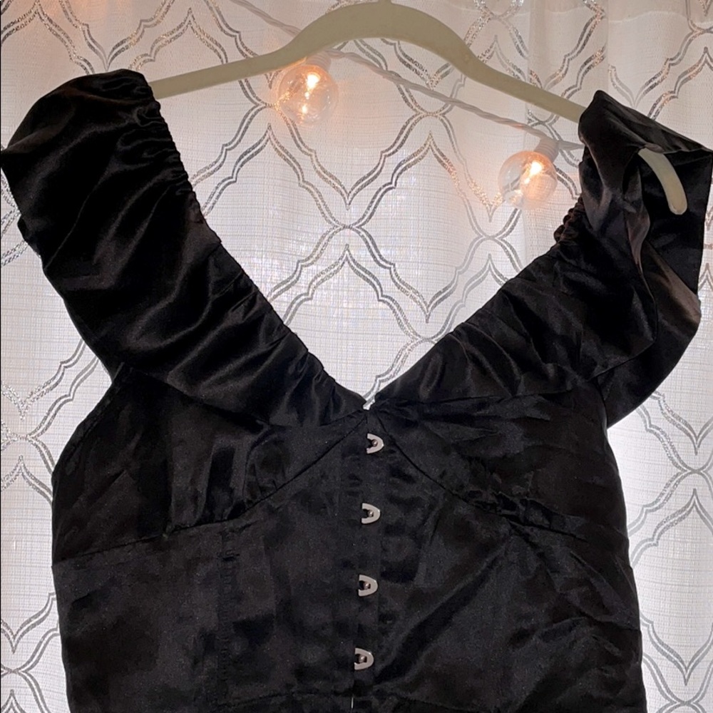 Black satin frill collar bardot hook crop top